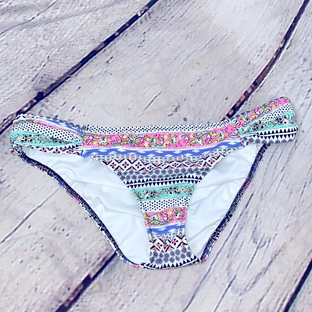 Victoria's Secret Teal Black Pink White Floral Bikini Swim Bottoms Size Small
